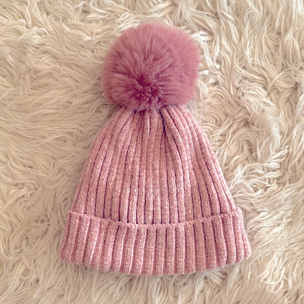 Pink puff ball beanie